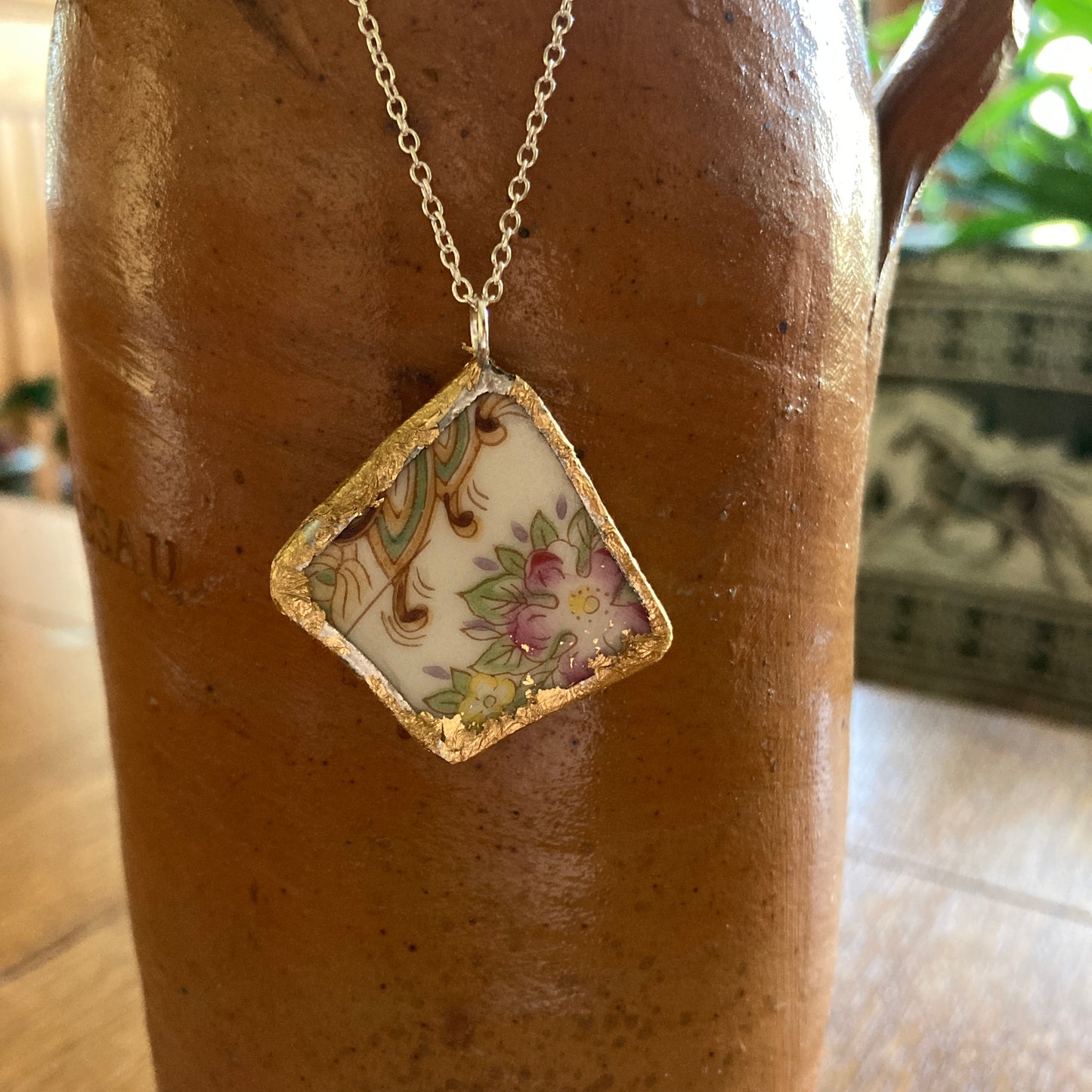 Broken Pottery Artisan Made Floral Pendant Diamond Brand Plate Handcrafted Necklace 1 3/8 in x 1 3/8 in