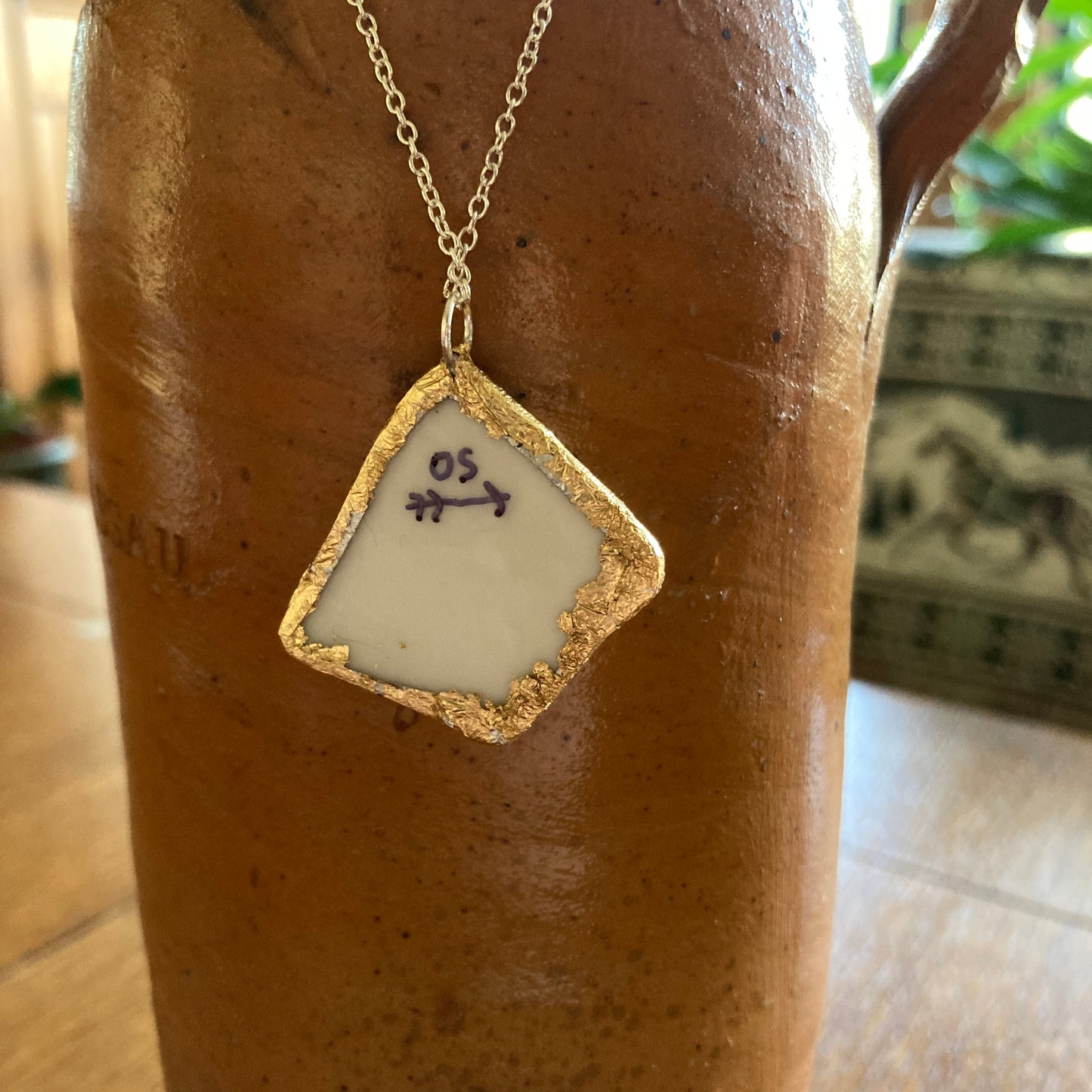 Broken Pottery Artisan Made Floral Pendant Diamond Brand Plate Handcrafted Necklace 1 3/8 in x 1 3/8 in