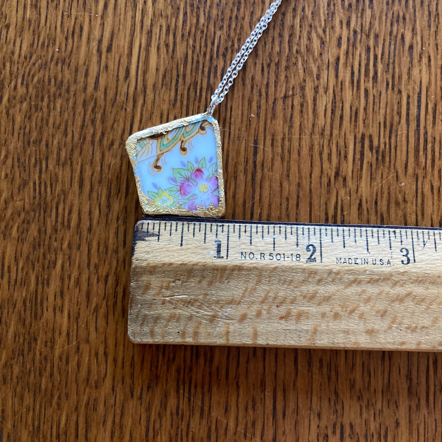 Broken Pottery Artisan Made Floral Pendant Diamond Brand Plate Handcrafted Necklace 1 3/8 in x 1 3/8 in