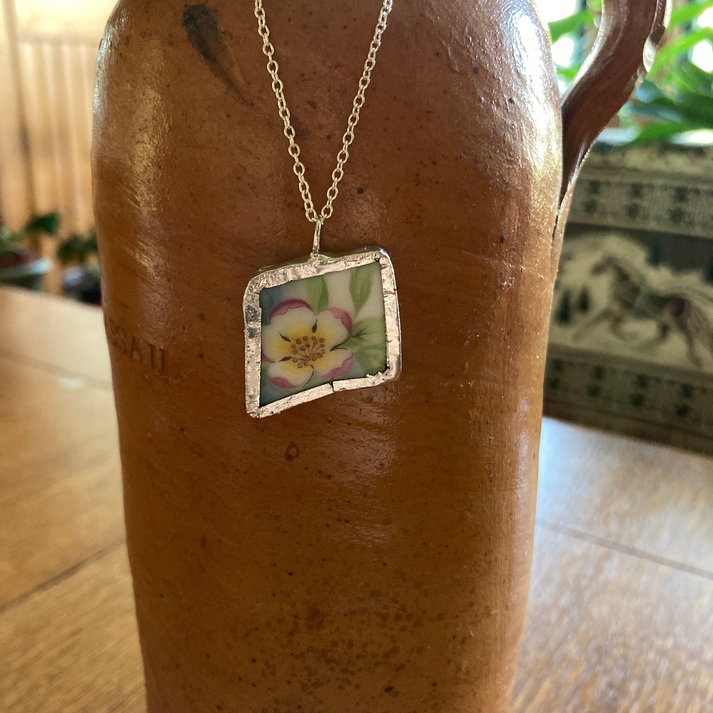 Broken Pottery Artisan Made Pendant Christian Religious Plate Handcrafted Necklace 1 in x 7/8 in