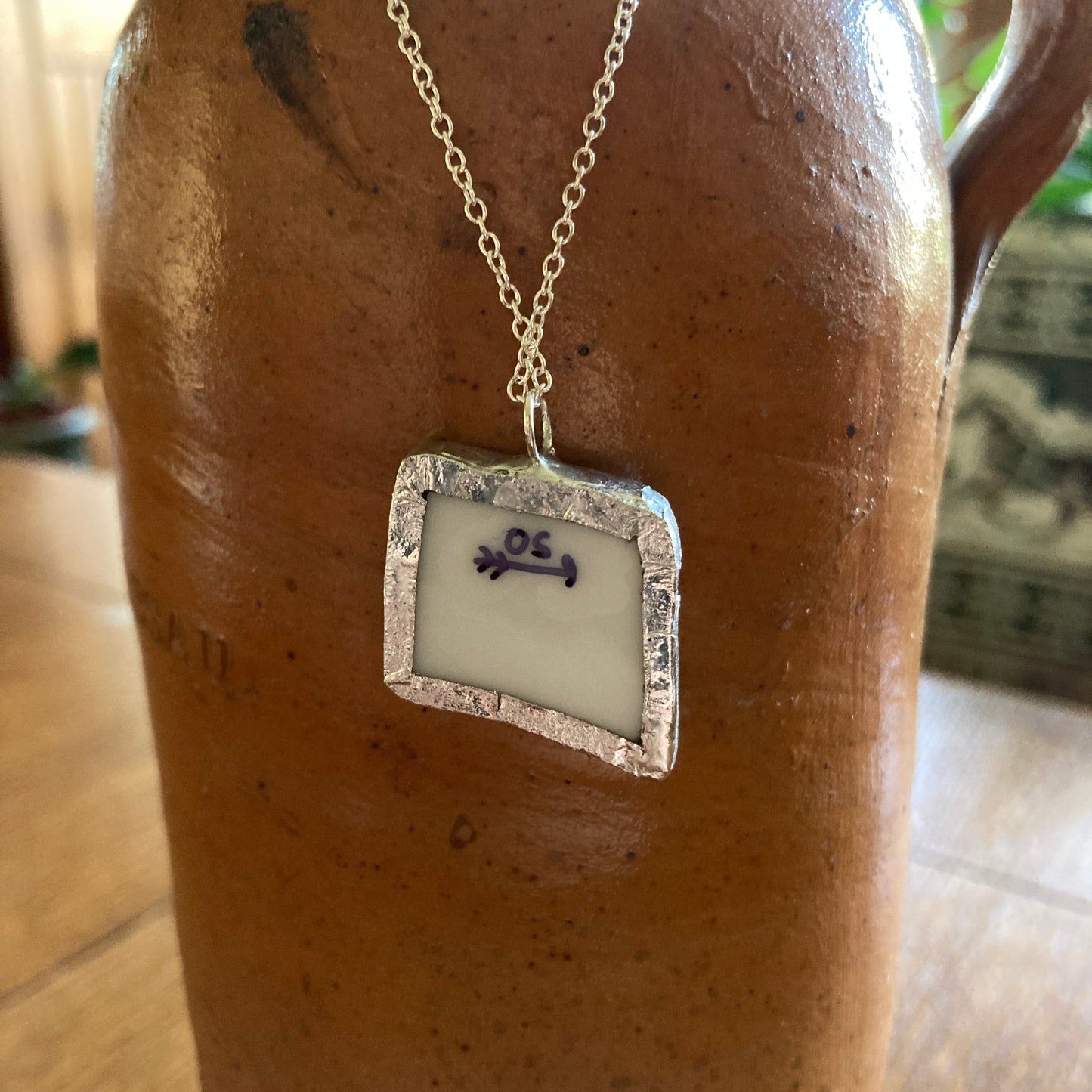 Broken Pottery Artisan Made Pendant Christian Religious Plate Handcrafted Necklace 1 in x 7/8 in