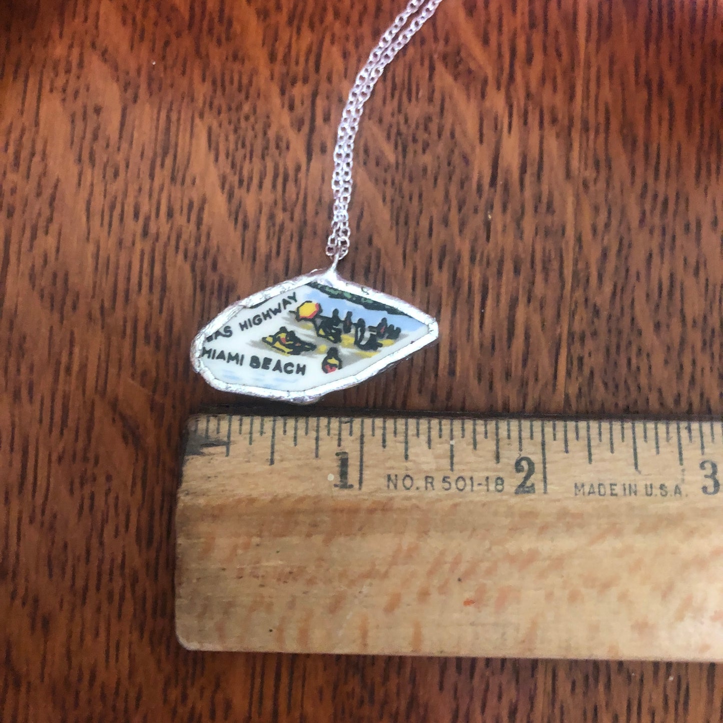 Broken Pottery Artisan Made Miami Beach Pendant Florida Collectors Plate Handcrafted Necklace 1 3/8in x 3/4in