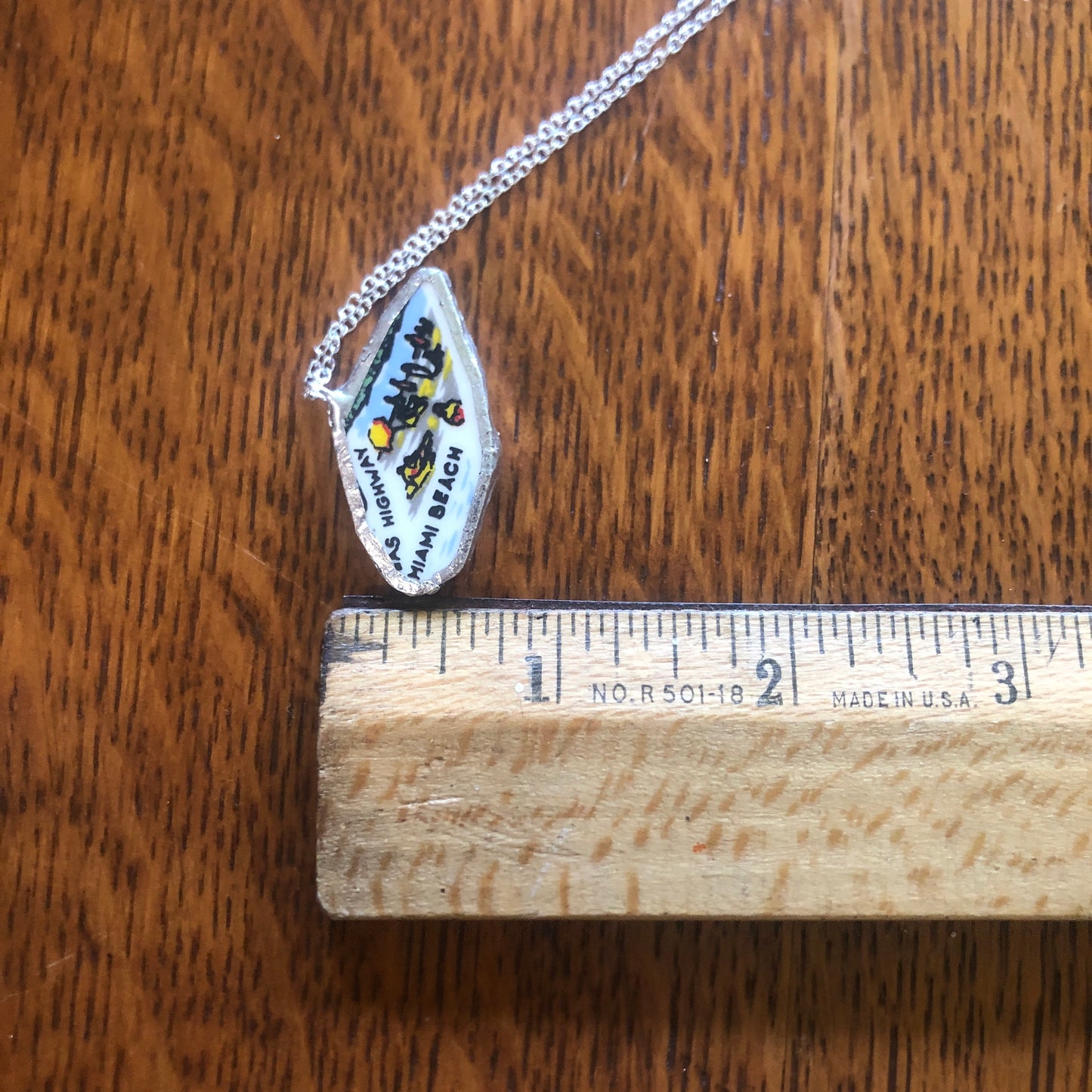 Broken Pottery Artisan Made Miami Beach Pendant Florida Collectors Plate Handcrafted Necklace 1 3/8in x 3/4in
