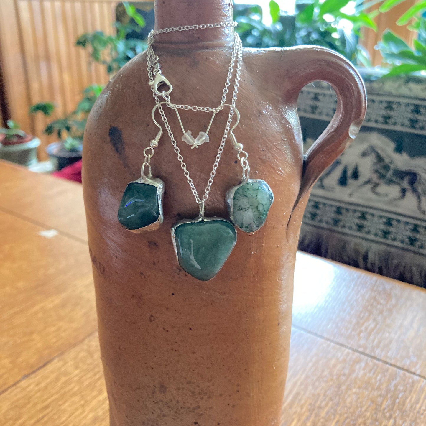 Artisan Made Rock Jewelry Set Resembles Moss Agate Handcrafted Necklace and Dangle Earrings