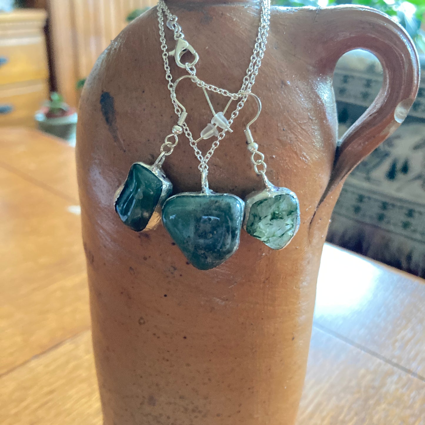 Artisan Made Rock Jewelry Set Resembles Moss Agate Handcrafted Necklace and Dangle Earrings
