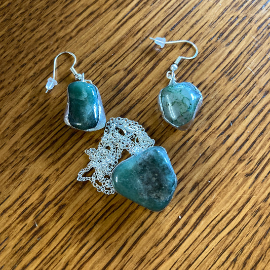 Artisan Made Rock Jewelry Set Resembles Moss Agate Handcrafted Necklace and Dangle Earrings