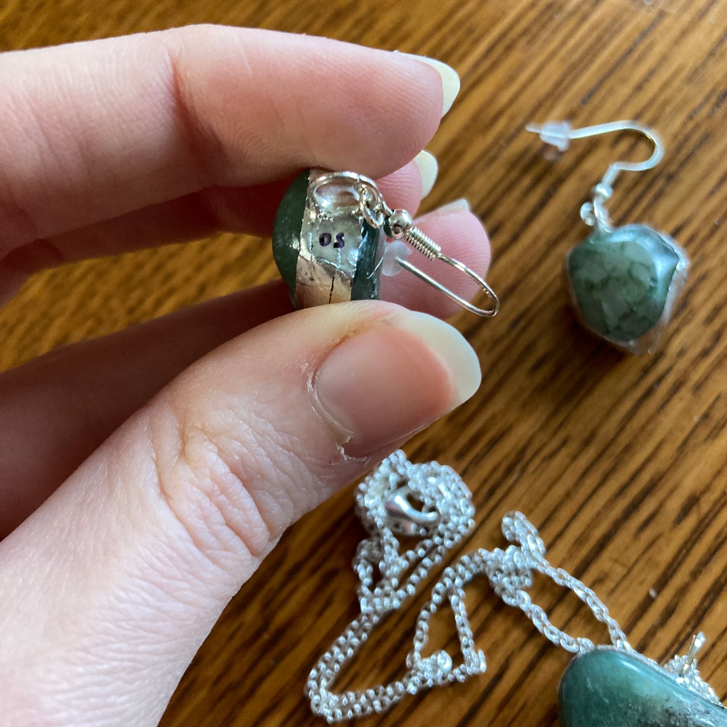 Artisan Made Rock Jewelry Set Resembles Moss Agate Handcrafted Necklace and Dangle Earrings