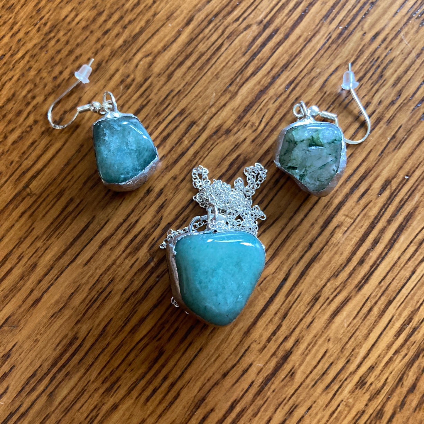 Artisan Made Rock Jewelry Set Resembles Moss Agate Handcrafted Necklace and Dangle Earrings