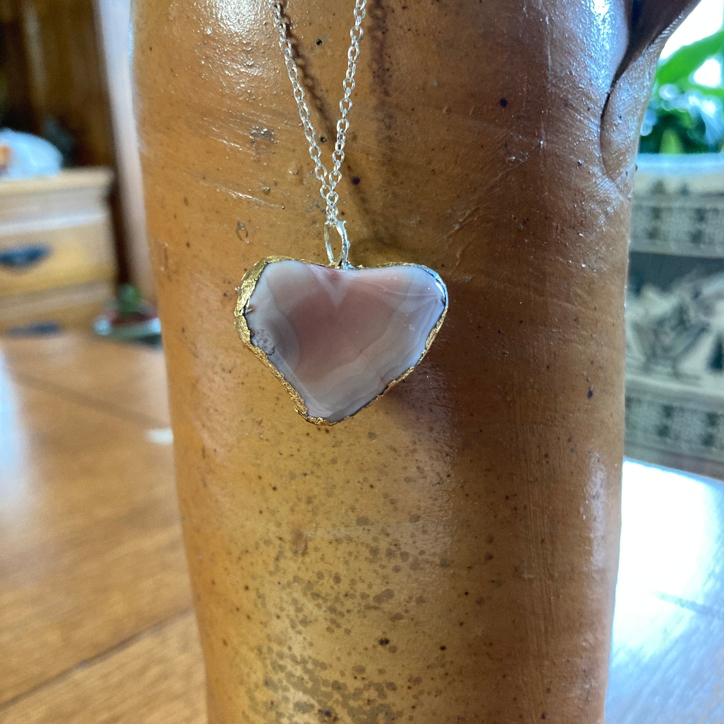 Artisan Made Rock Pendant Resembles Pink Banded Agate Handcrafted Necklace 1 1/8 in x 7/8 in