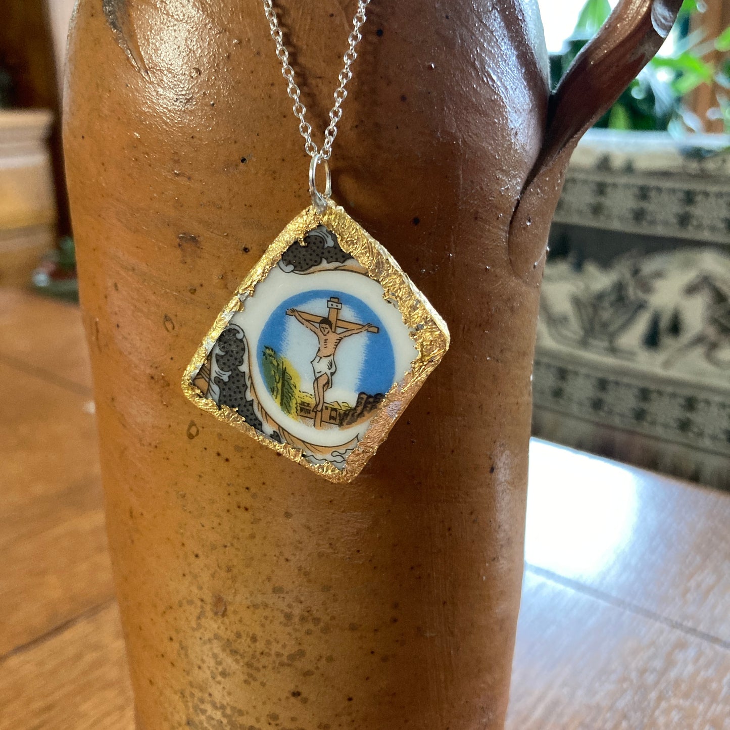 Broken Pottery Artisan Made Pendant Christian Religious Plate Handcrafted Necklace 1 in x 1 5/8 in