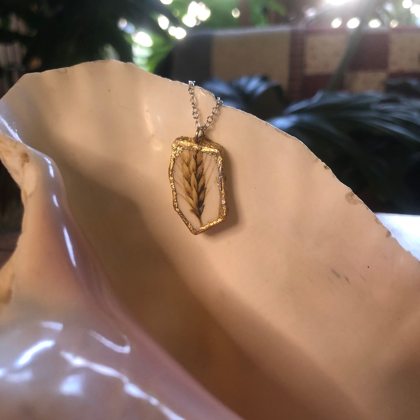 Broken Pottery Artisan Made Wheat Pendant Royal China Plate Handcrafted Necklace 5/8in x 1in