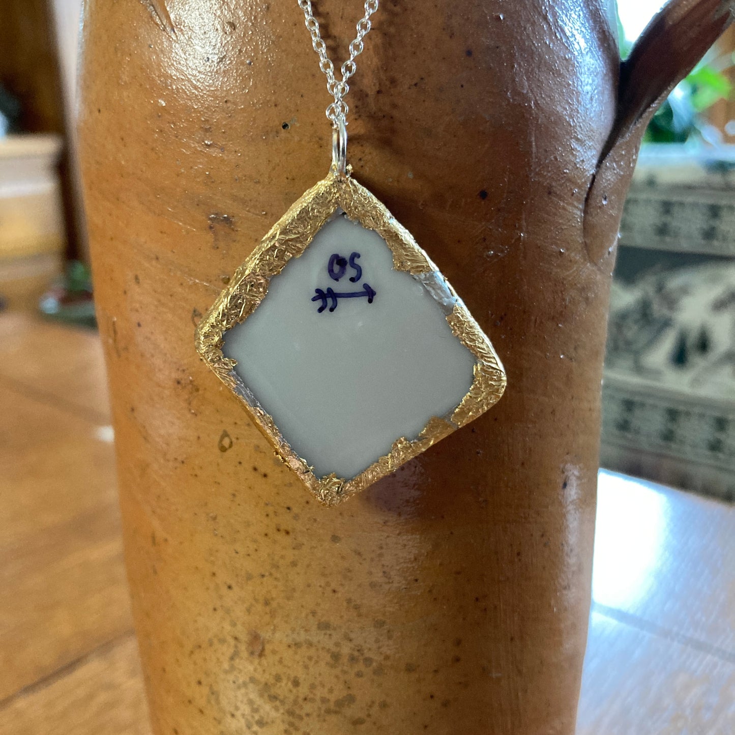 Broken Pottery Artisan Made Pendant Christian Religious Plate Handcrafted Necklace 1 in x 1 5/8 in