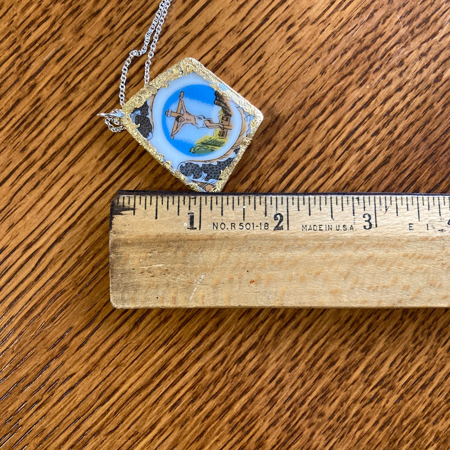 Broken Pottery Artisan Made Pendant Christian Religious Plate Handcrafted Necklace 1 in x 1 5/8 in