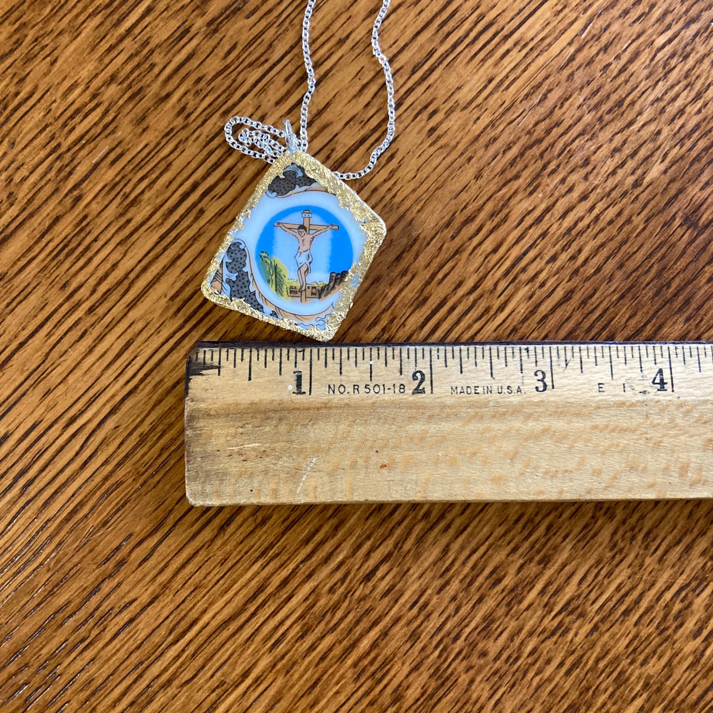 Broken Pottery Artisan Made Pendant Christian Religious Plate Handcrafted Necklace 1 in x 1 5/8 in