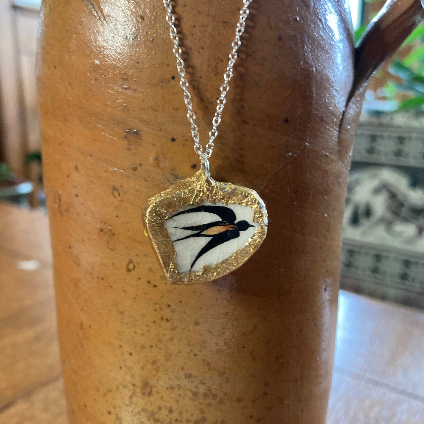 Broken Pottery Artisan Made Swallow Pendant Wells Plate Handcrafted Necklace 1 in x 7/8 in