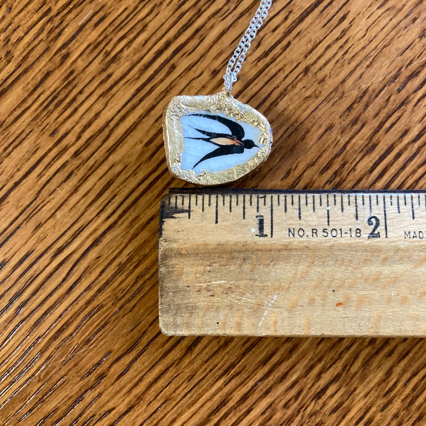 Broken Pottery Artisan Made Swallow Pendant Wells Plate Handcrafted Necklace 1 in x 7/8 in