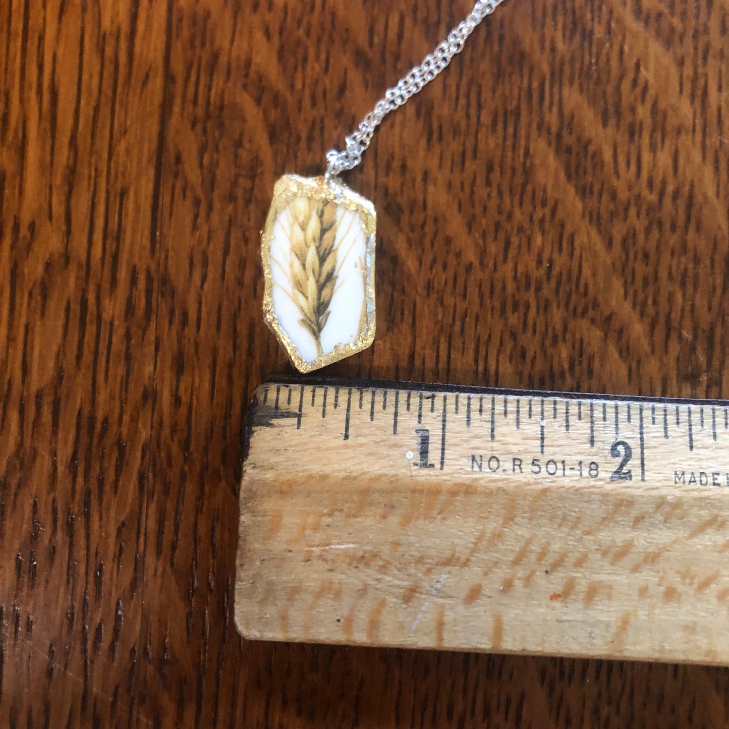 Broken Pottery Artisan Made Wheat Pendant Royal China Plate Handcrafted Necklace 5/8in x 1in