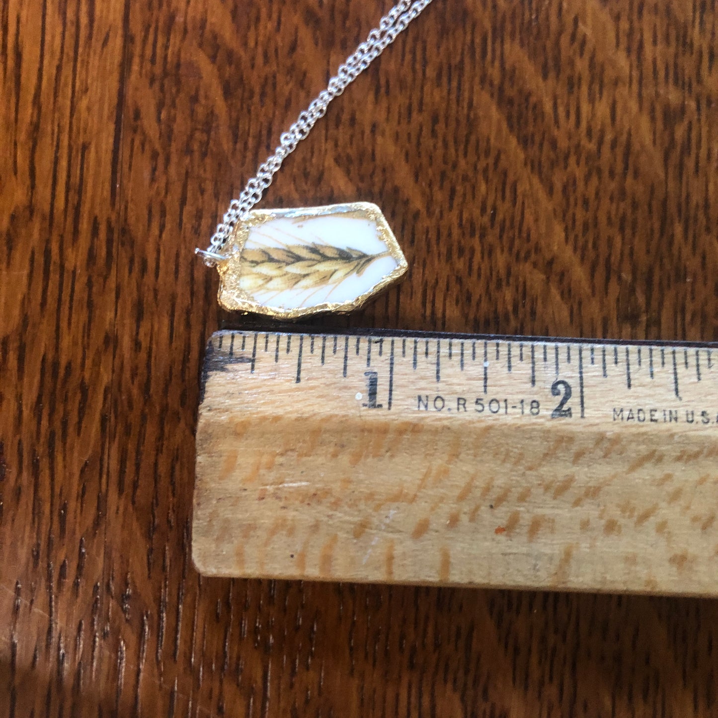 Broken Pottery Artisan Made Wheat Pendant Royal China Plate Handcrafted Necklace 5/8in x 1in