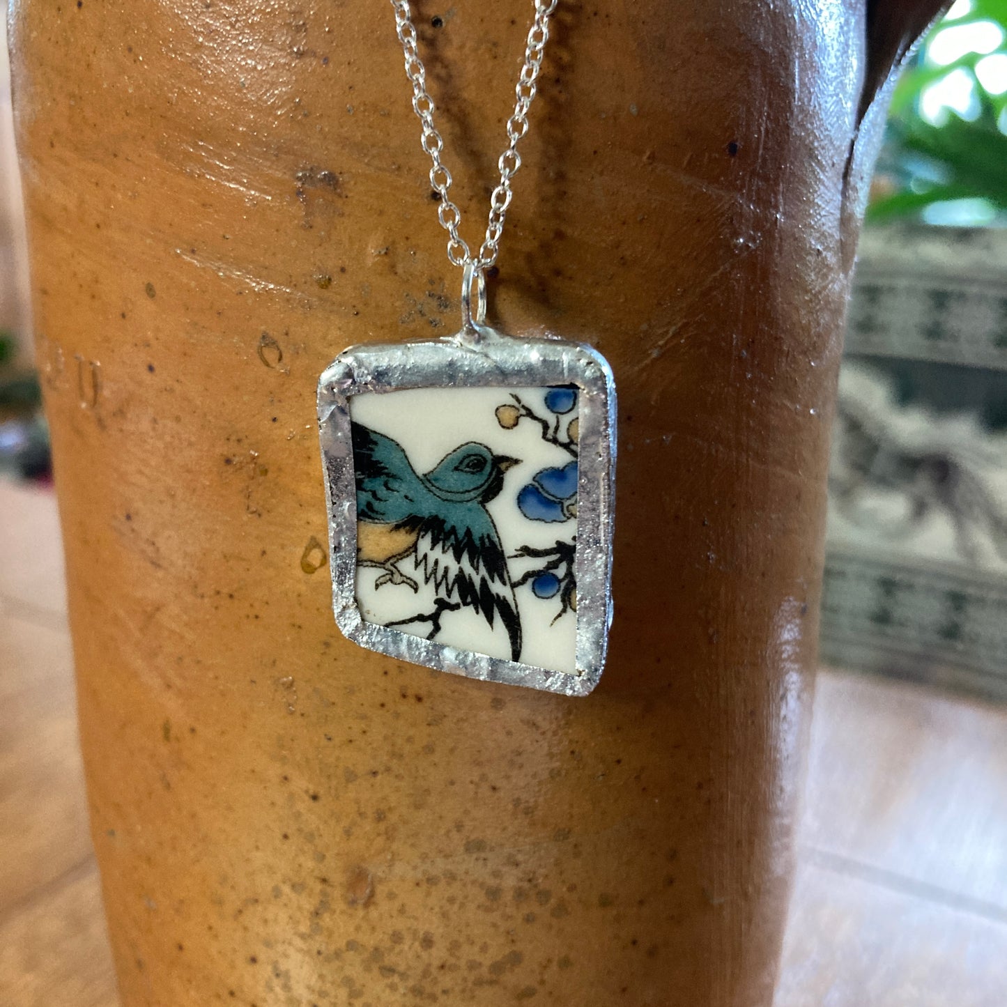Broken Pottery Artisan Made Pendant Old Ivory Syracuse China Plate Handcrafted Necklace 7/8 in x 1 1/8 in