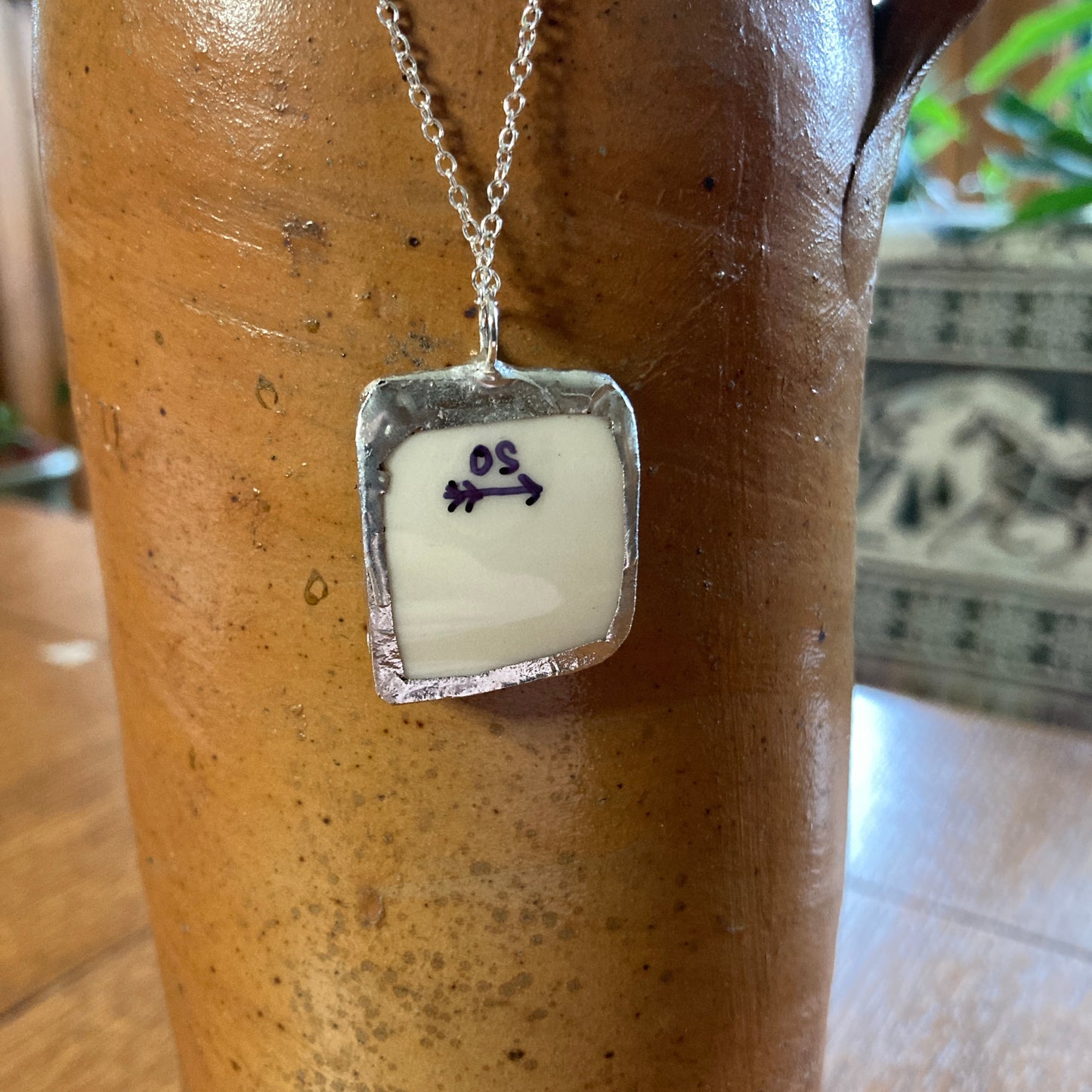 Broken Pottery Artisan Made Pendant Old Ivory Syracuse China Plate Handcrafted Necklace 7/8 in x 1 1/8 in