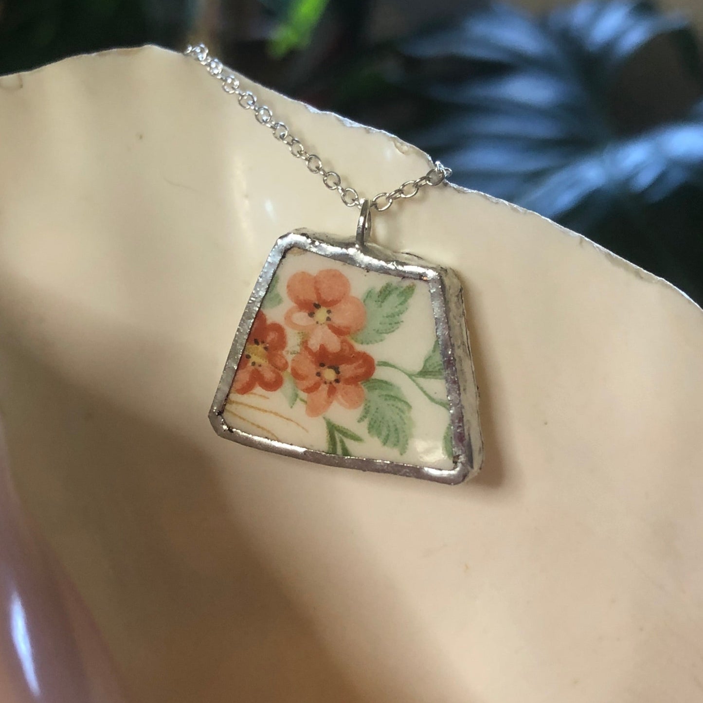 Broken Pottery Artisan Made Floral Pendant Royal China Plate Handcrafted Necklace 1in x 3/4in