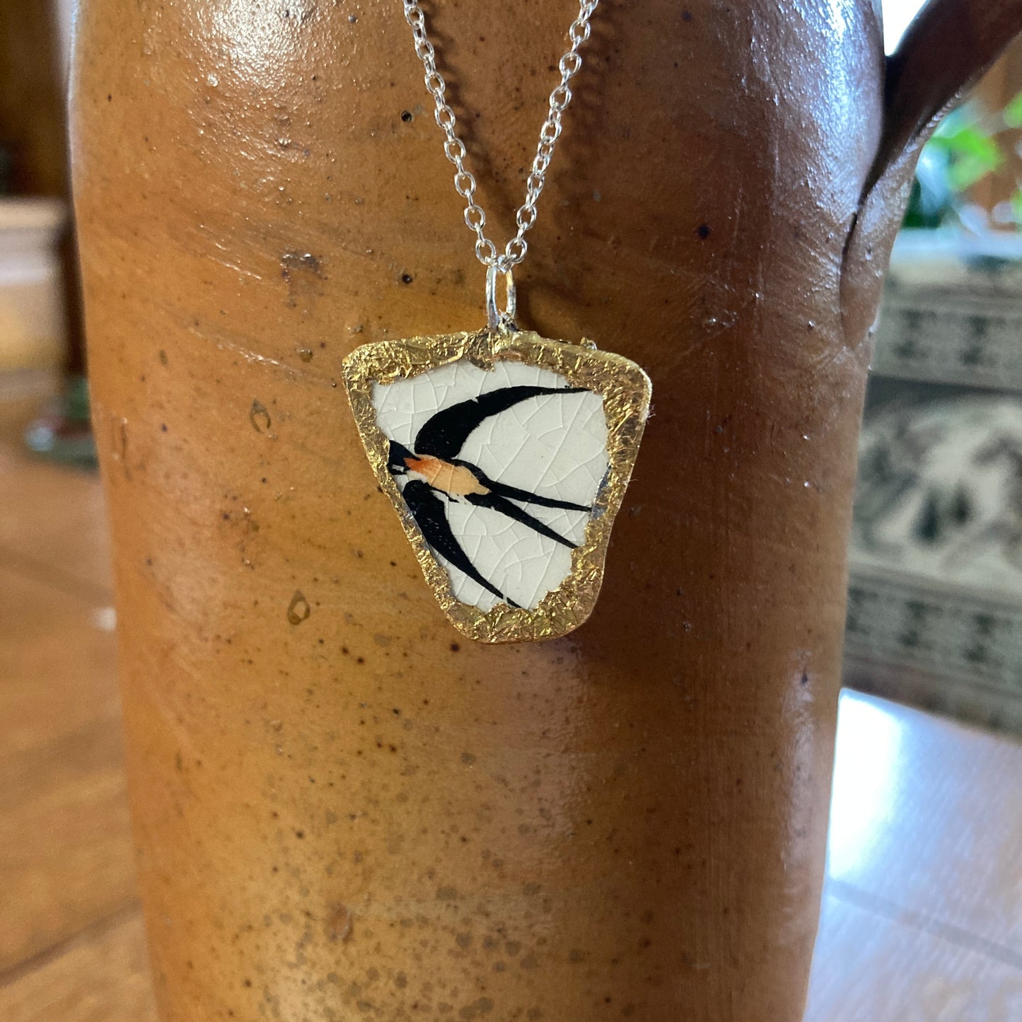 Broken Pottery Artisan Made Swallow Pendant Wells Plate Handcrafted Necklace 1 in x 1 in