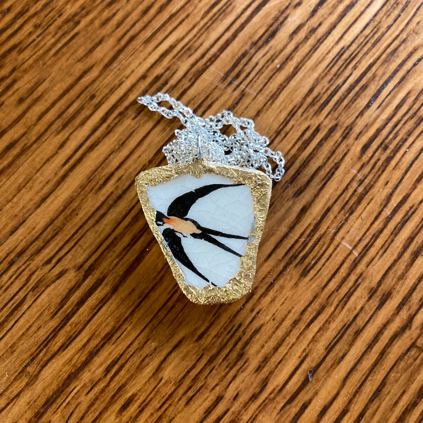 Broken Pottery Artisan Made Swallow Pendant Wells Plate Handcrafted Necklace 1 in x 1 in