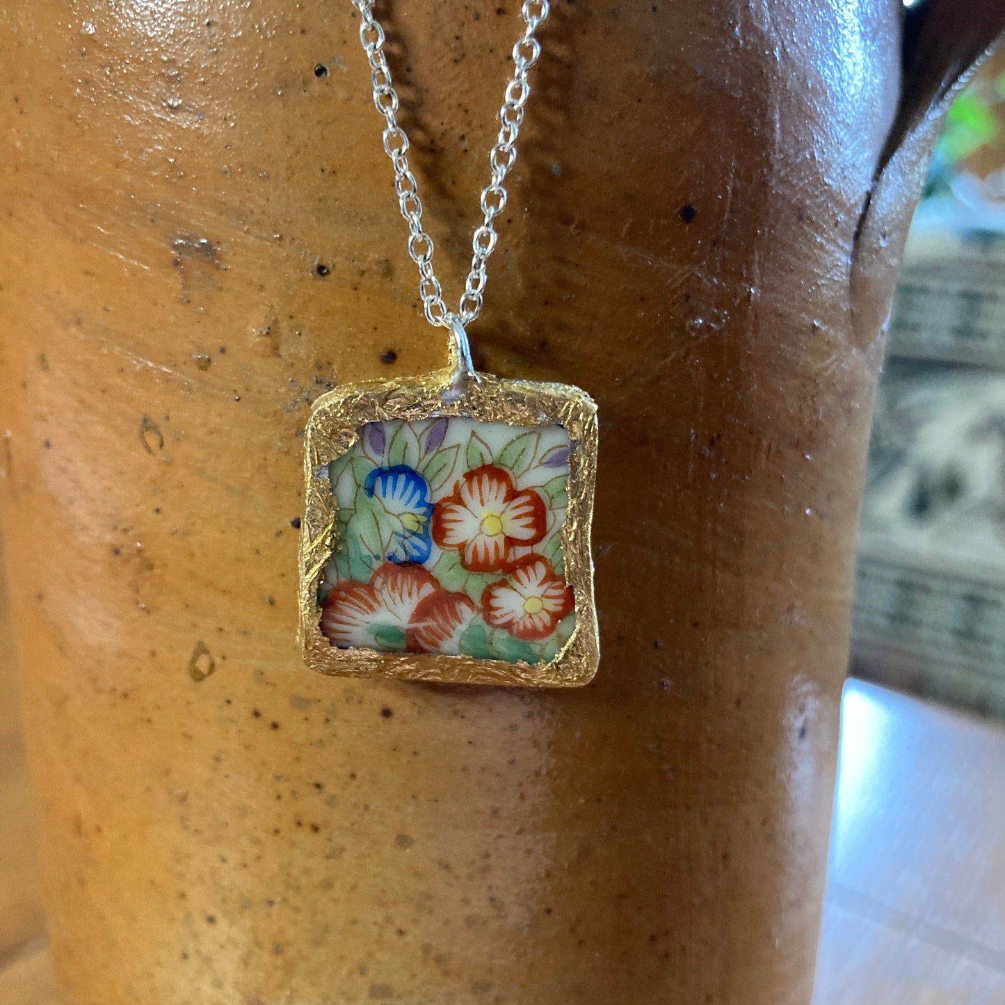 Broken Pottery Artisan Made Floral Pendant Diamond Brand Plate Handcrafted Necklace 3/4 in x 1/7 in