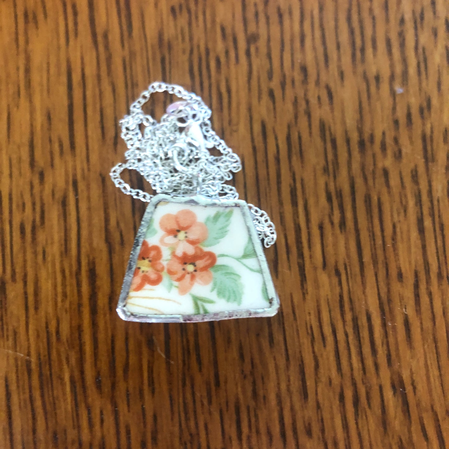 Broken Pottery Artisan Made Floral Pendant Royal China Plate Handcrafted Necklace 1in x 3/4in