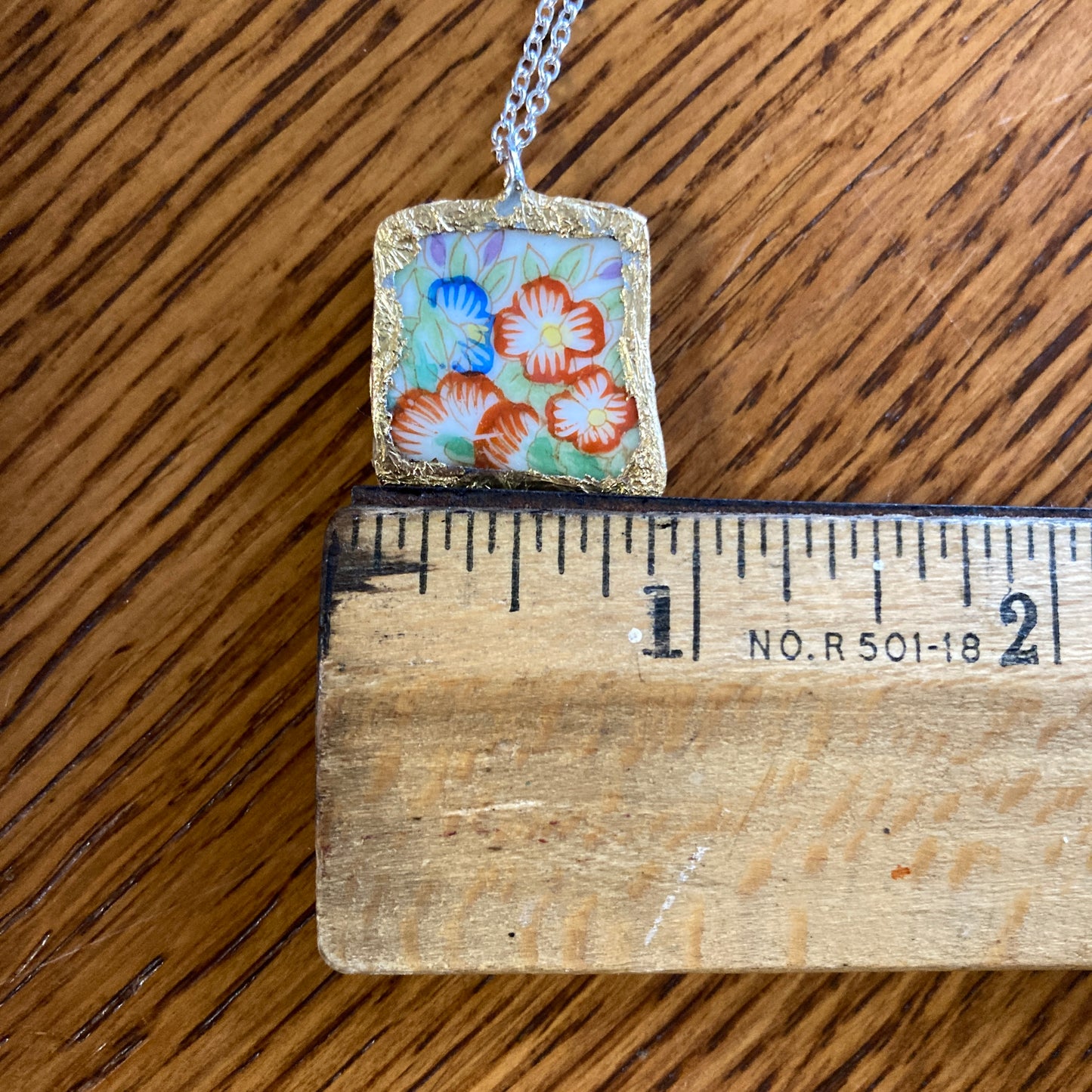 Broken Pottery Artisan Made Floral Pendant Diamond Brand Plate Handcrafted Necklace 3/4 in x 1/7 in