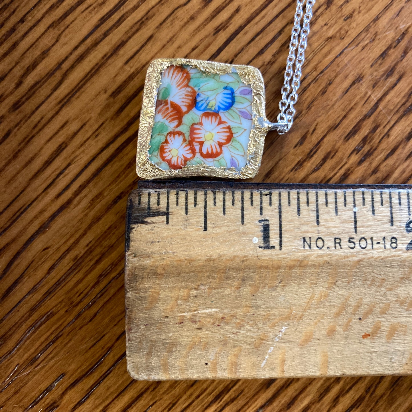 Broken Pottery Artisan Made Floral Pendant Diamond Brand Plate Handcrafted Necklace 3/4 in x 1/7 in