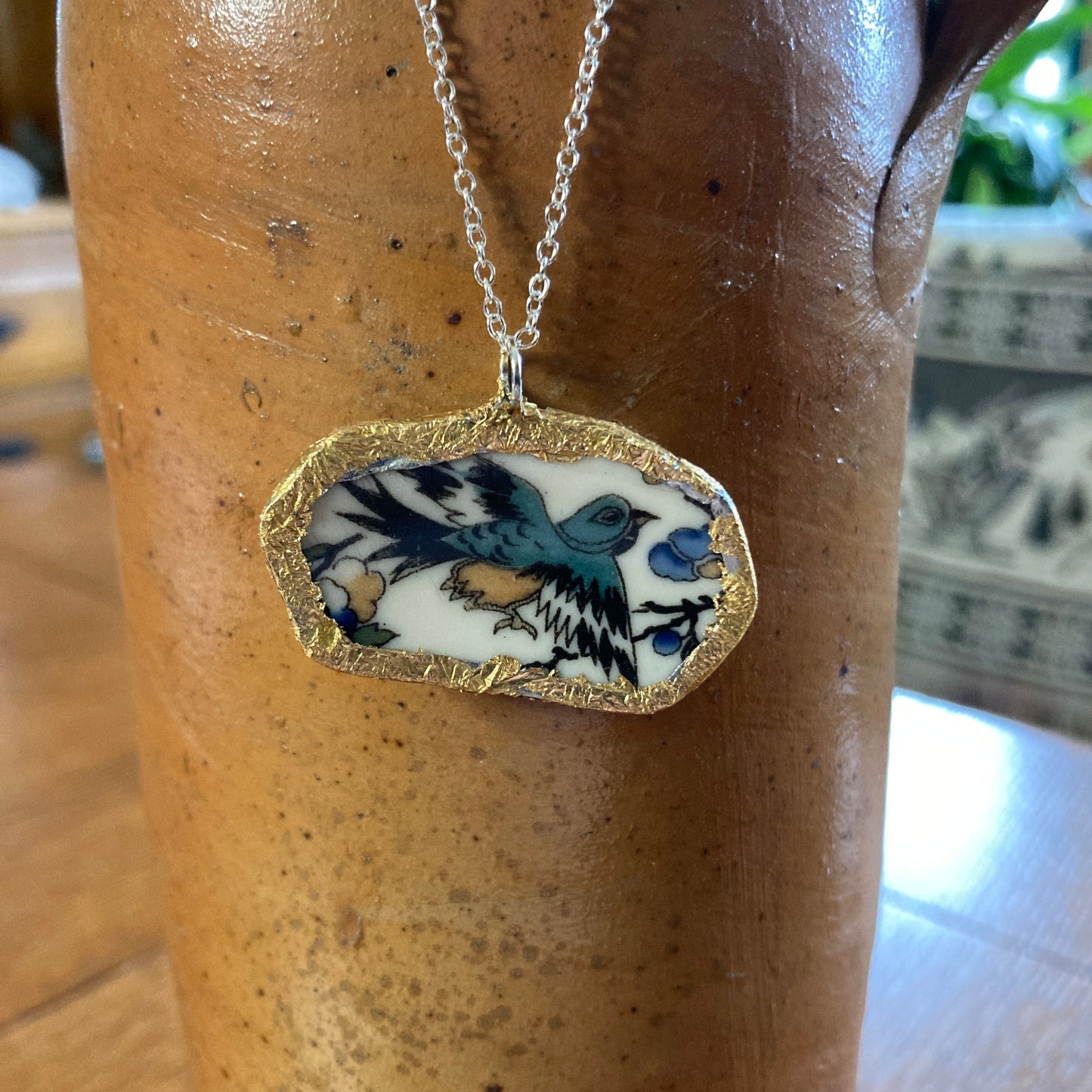 Broken Pottery Artisan Made Pendant Old Ivory Syracuse China Plate Handcrafted Necklace 1.5 in x 7/8 in