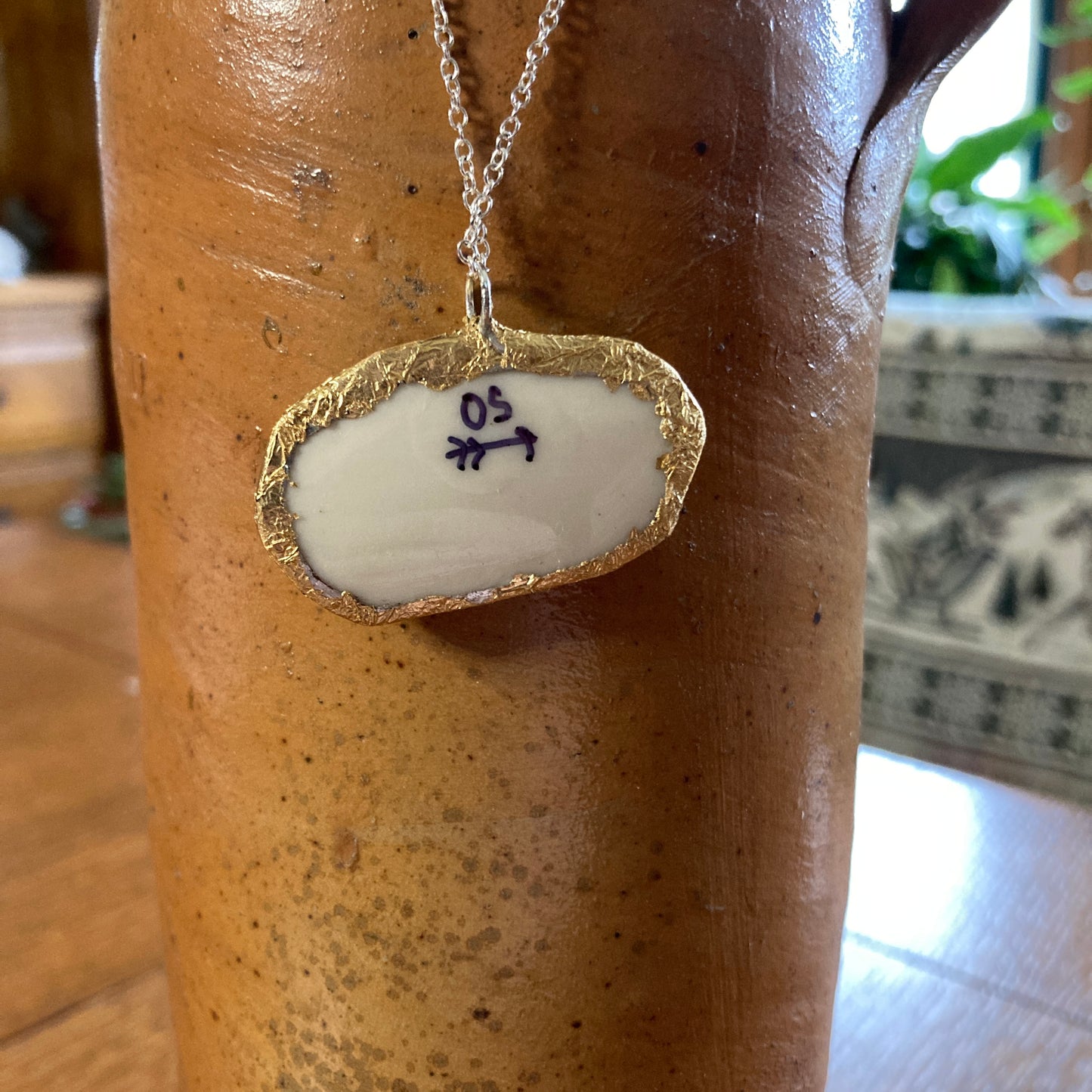 Broken Pottery Artisan Made Pendant Old Ivory Syracuse China Plate Handcrafted Necklace 1.5 in x 7/8 in