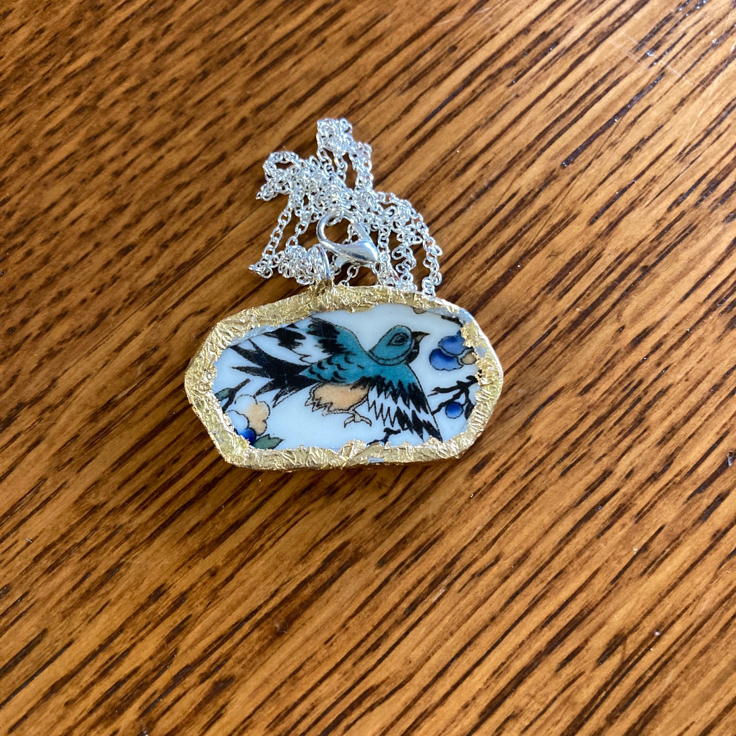 Broken Pottery Artisan Made Pendant Old Ivory Syracuse China Plate Handcrafted Necklace 1.5 in x 7/8 in