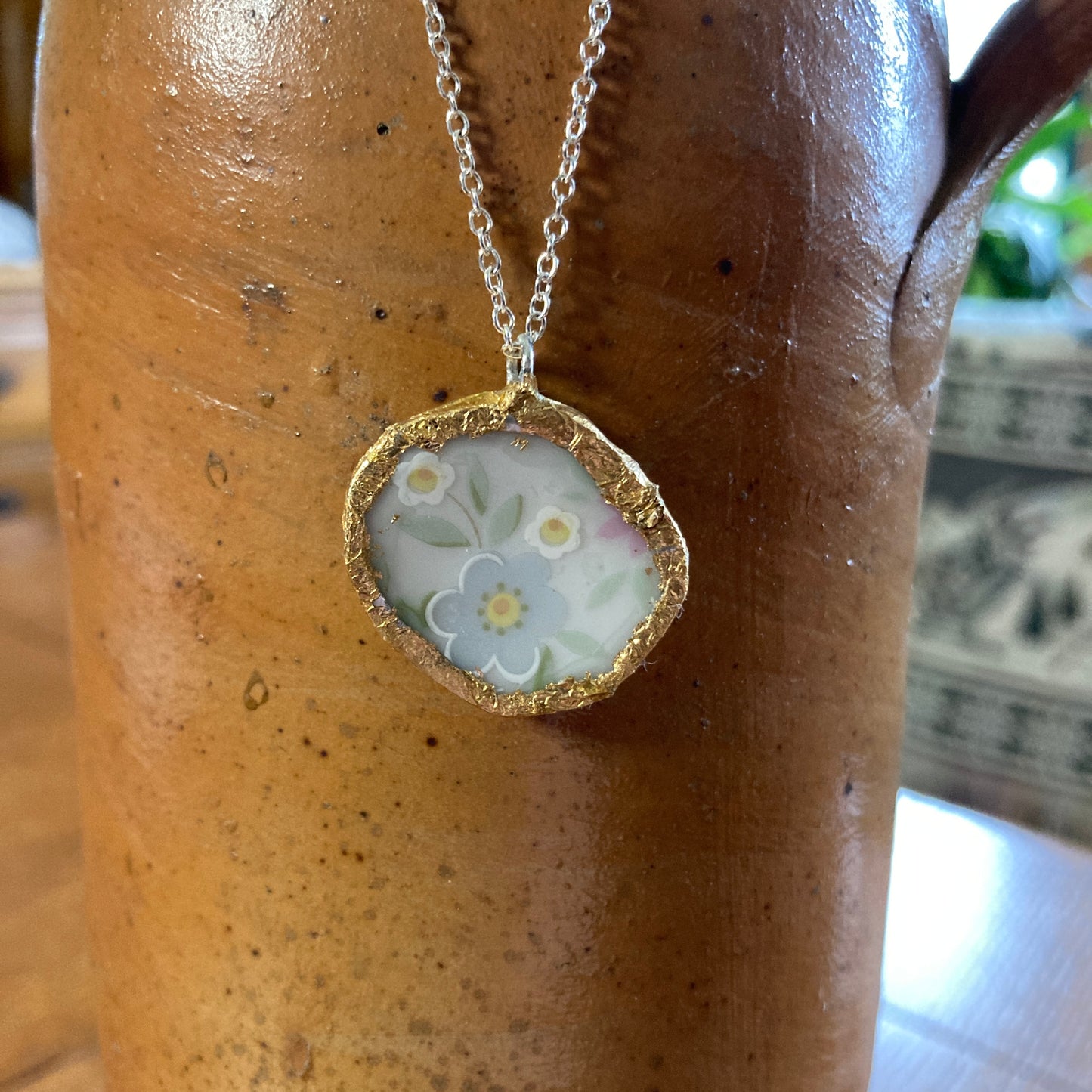 Broken Pottery Artisan Made Floral Pendant Johann Haviland Bavaria Germany Plate Handcrafted Necklace 1 in x 7/8 in