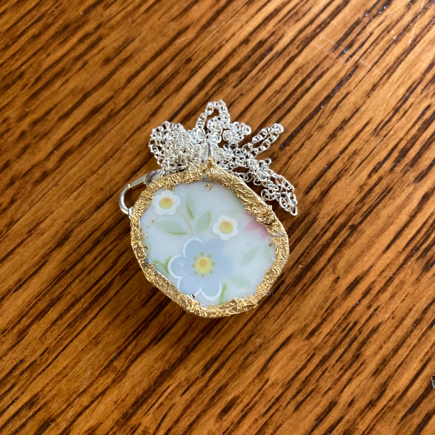 Broken Pottery Artisan Made Floral Pendant Johann Haviland Bavaria Germany Plate Handcrafted Necklace 1 in x 7/8 in