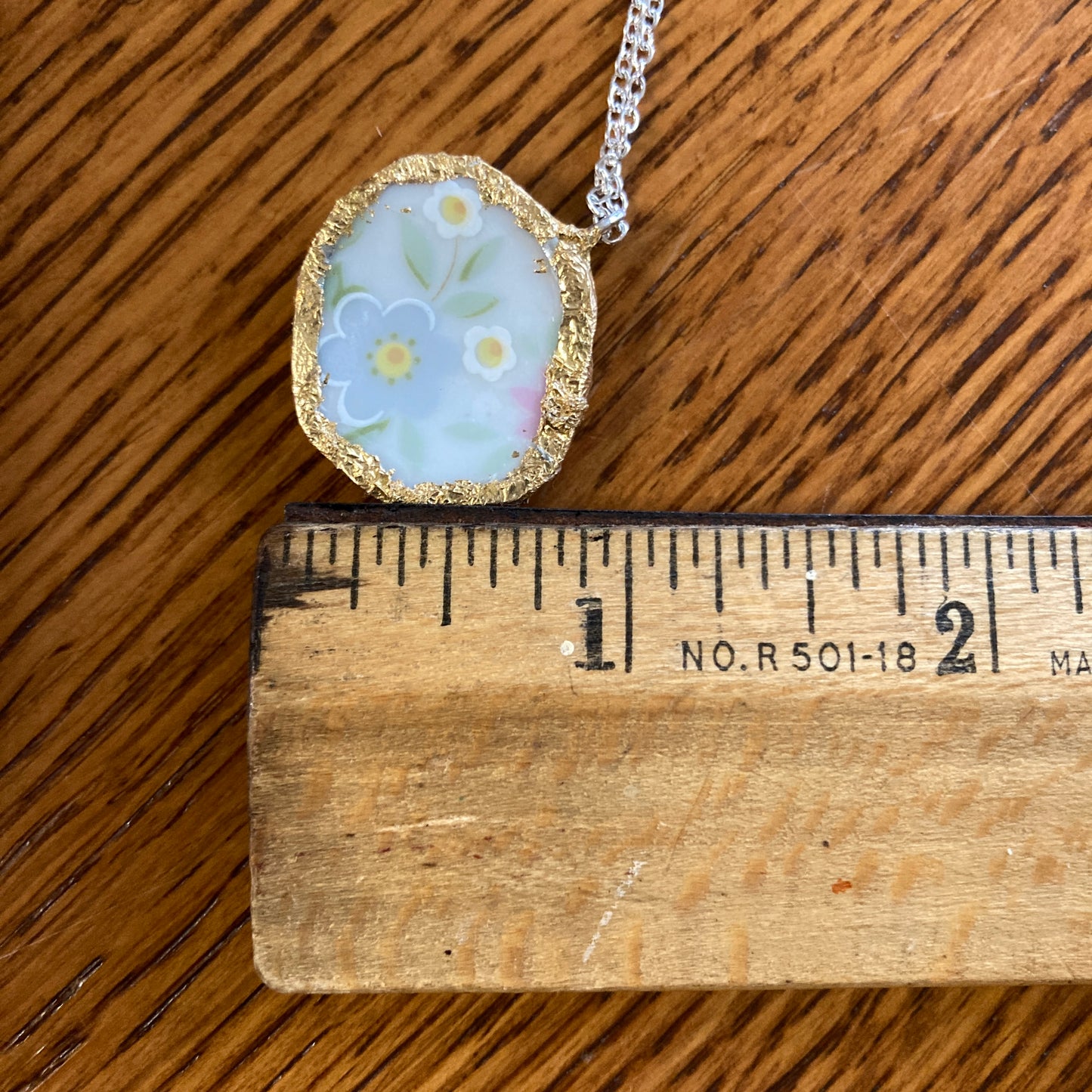 Broken Pottery Artisan Made Floral Pendant Johann Haviland Bavaria Germany Plate Handcrafted Necklace 1 in x 7/8 in