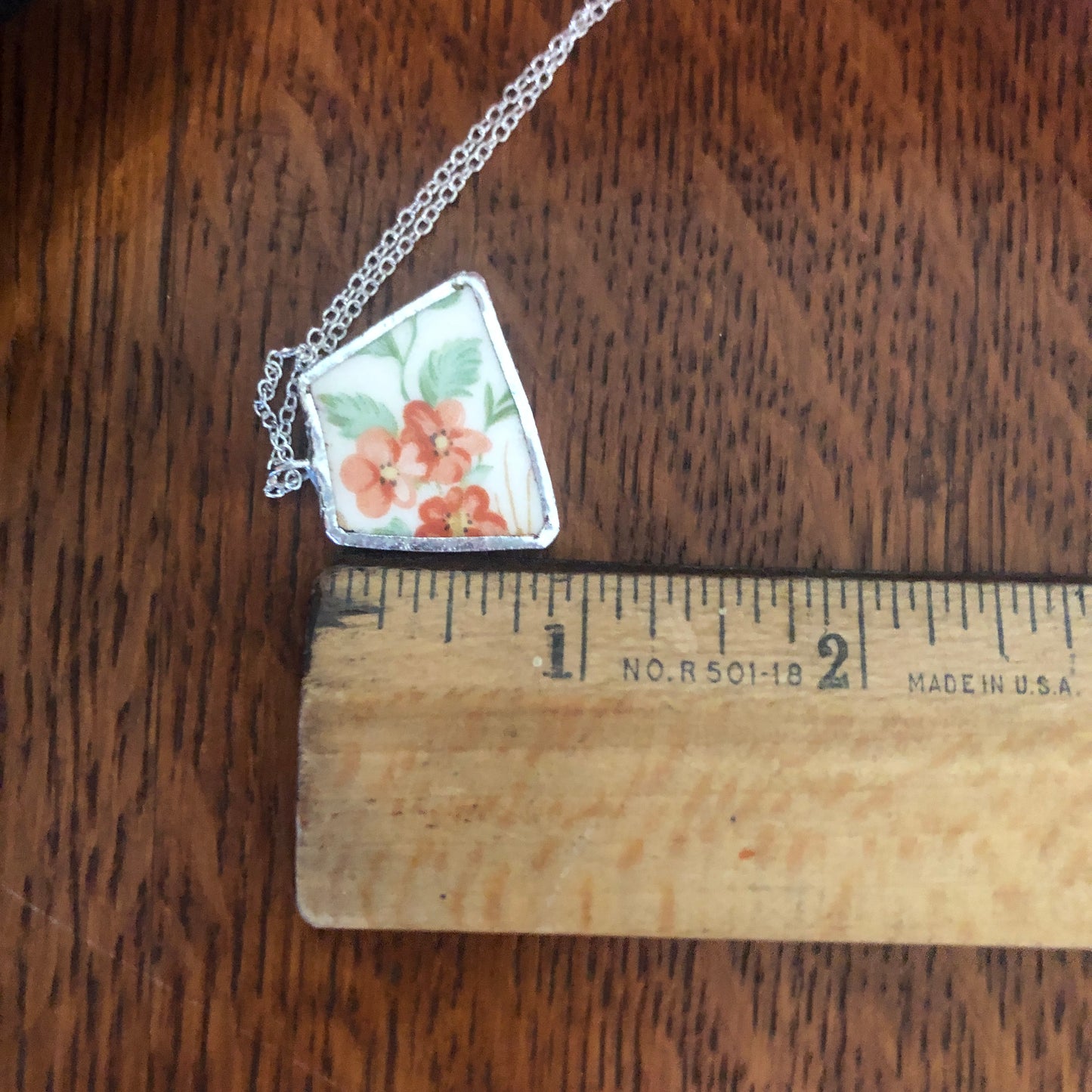 Broken Pottery Artisan Made Floral Pendant Royal China Plate Handcrafted Necklace 1in x 3/4in