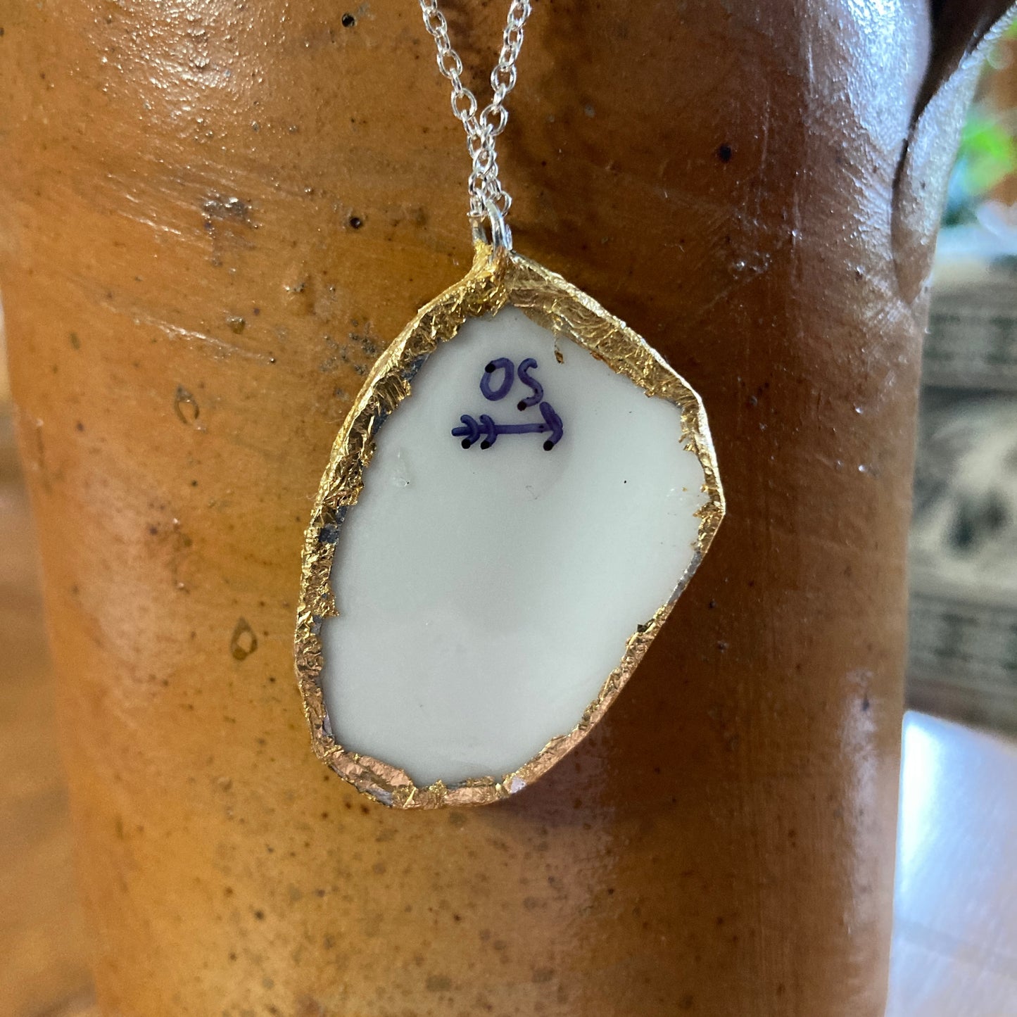 Broken Pottery Artisan Made Floral Pendant Diamond Brand Plate Handcrafted Necklace 1 in x 1.5 in