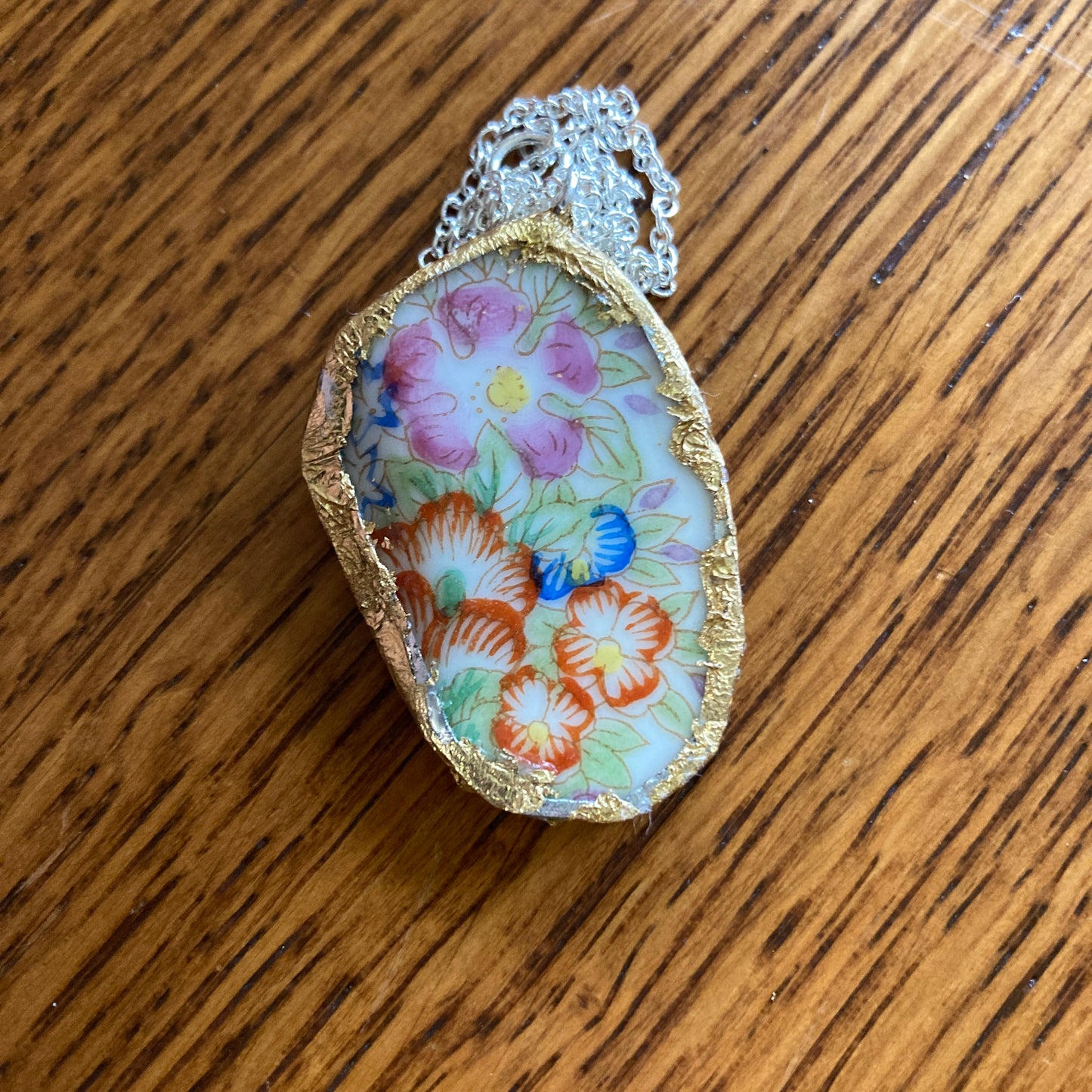 Broken Pottery Artisan Made Floral Pendant Diamond Brand Plate Handcrafted Necklace 1 in x 1.5 in