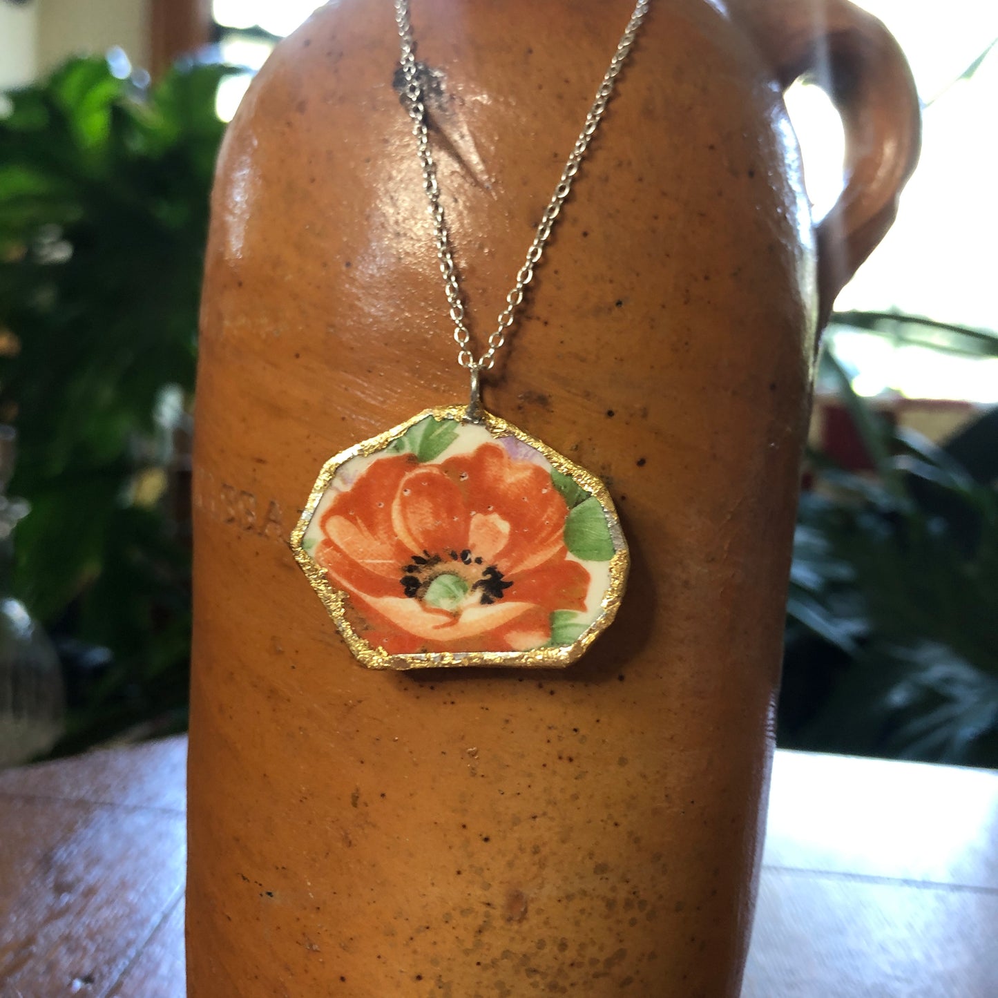 Broken Pottery Artisan Made Poppy Pendent Royal China Plate Handcrafted Necklace 1.5in x 1.25in