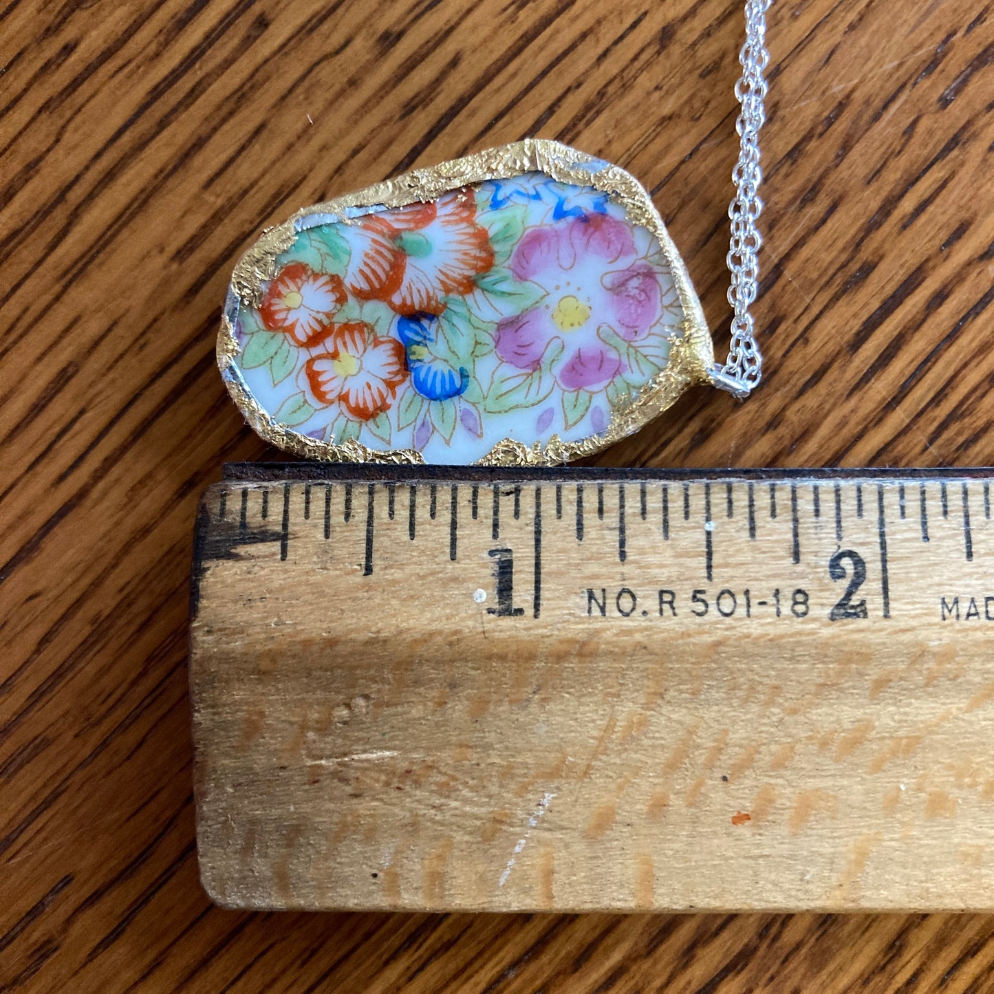 Broken Pottery Artisan Made Floral Pendant Diamond Brand Plate Handcrafted Necklace 1 in x 1.5 in