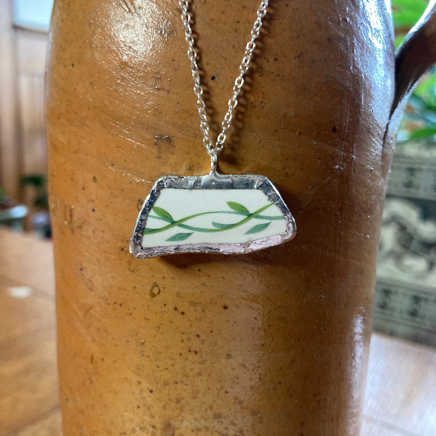 Broken Pottery Artisan Made Ivy Pendant Studio Nova Plate Handcrafted Necklace 1.25 in x 1/2 in