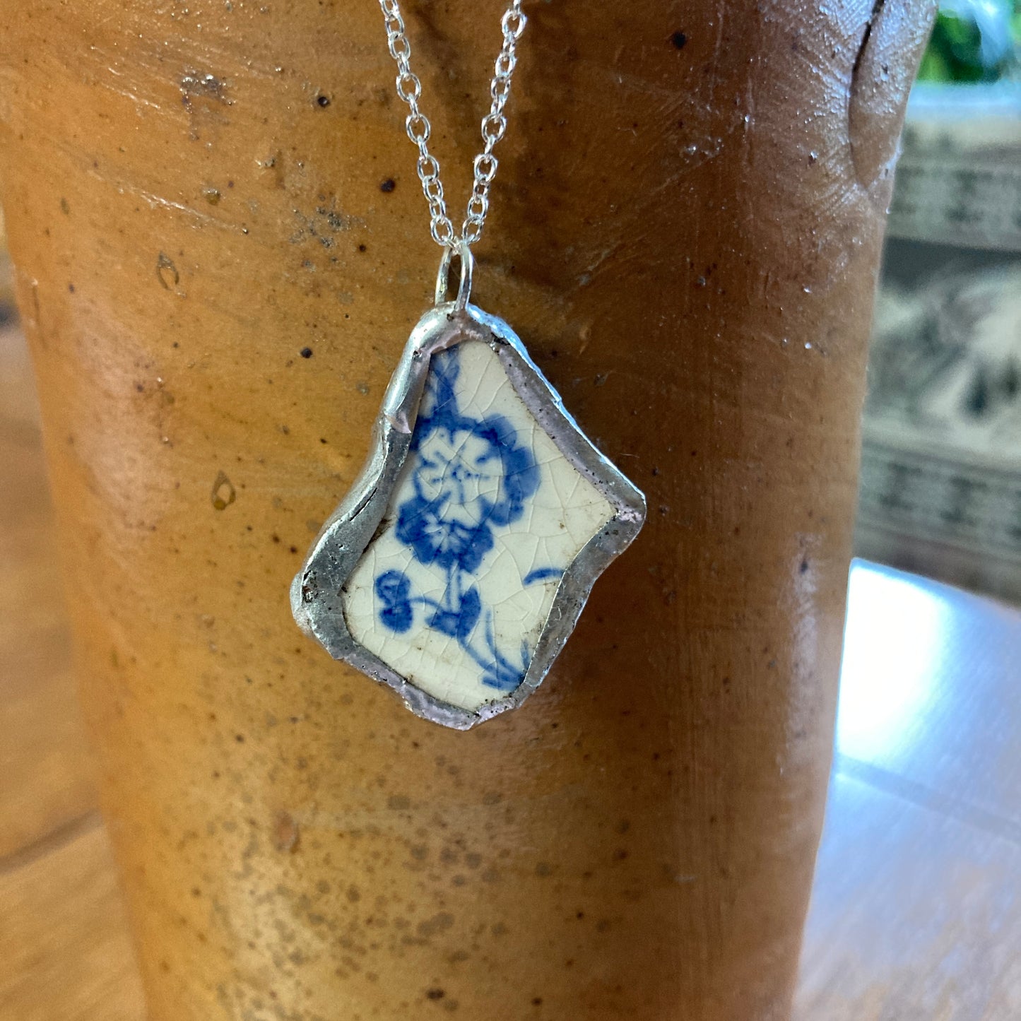 Broken Pottery Artisan Made Pendant Unbranded Blue Floral Plate Handcrafted Necklace 1 in x 1.25 in