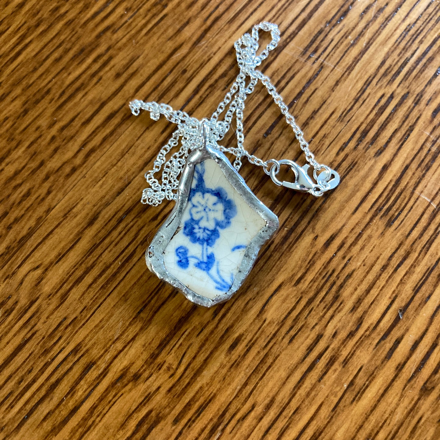 Broken Pottery Artisan Made Pendant Unbranded Blue Floral Plate Handcrafted Necklace 1 in x 1.25 in
