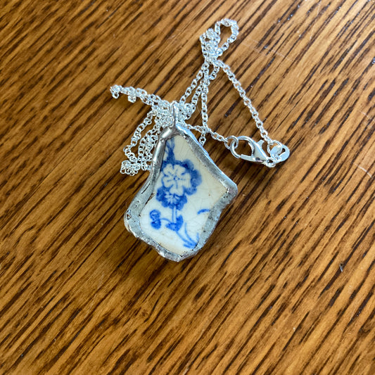 Broken Pottery Artisan Made Pendant Unbranded Blue Floral Plate Handcrafted Necklace 1 in x 1.25 in
