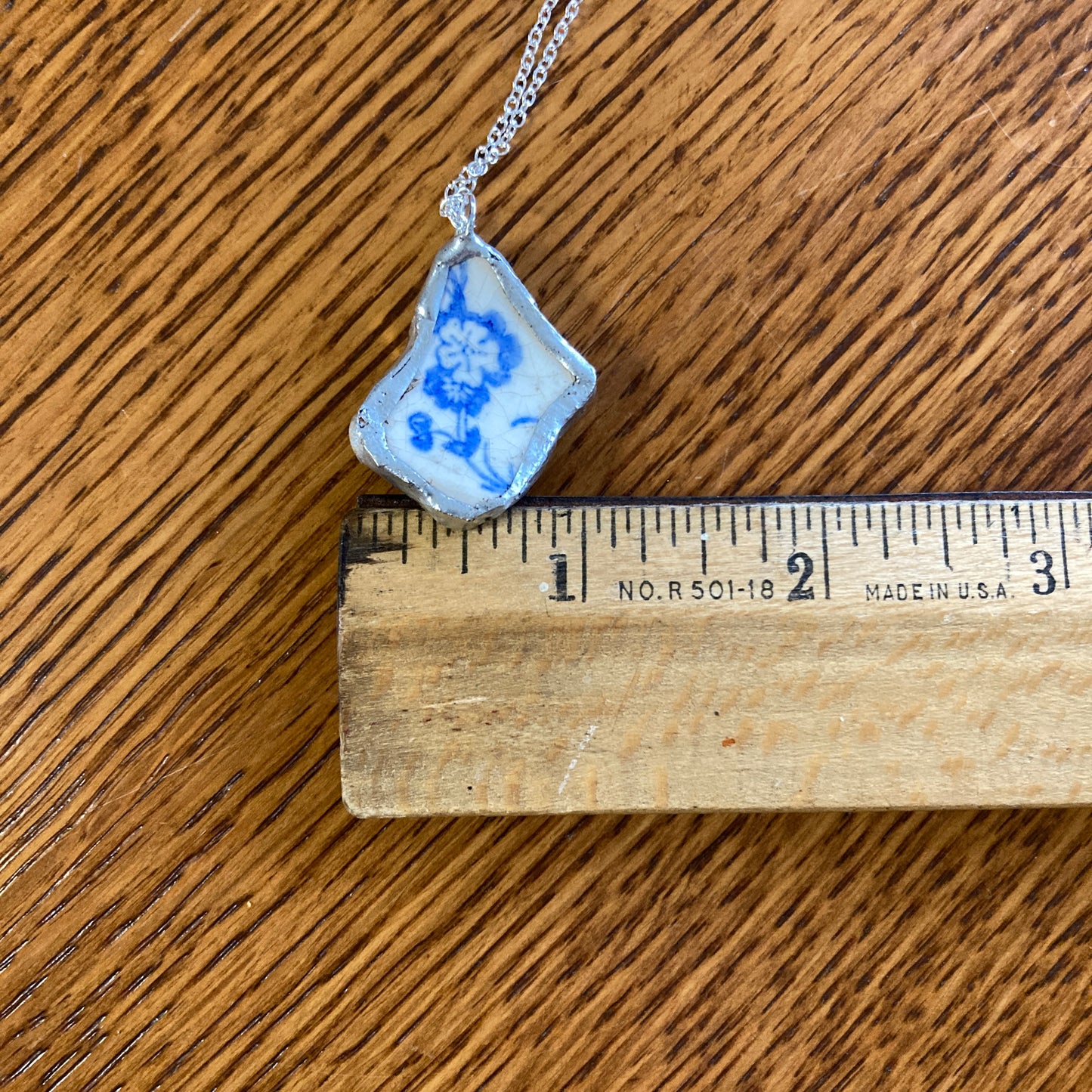 Broken Pottery Artisan Made Pendant Unbranded Blue Floral Plate Handcrafted Necklace 1 in x 1.25 in