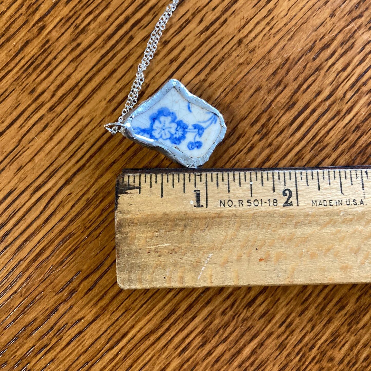 Broken Pottery Artisan Made Pendant Unbranded Blue Floral Plate Handcrafted Necklace 1 in x 1.25 in