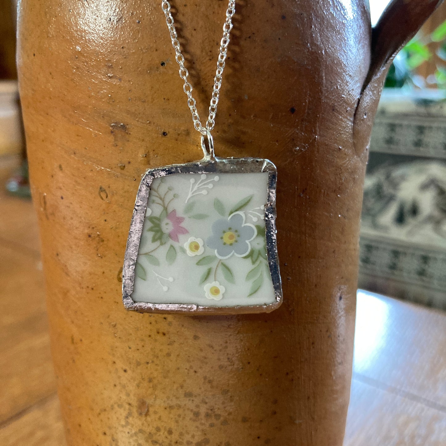 Broken Pottery Artisan Made Floral Pendant Johann Haviland Bavaria Germany Plate Handcrafted Necklace 1.25 in x 1.25 in