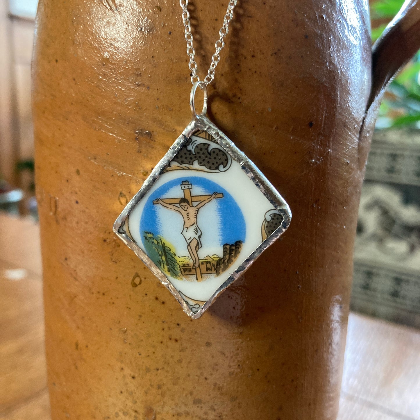 Broken Pottery Artisan Made Pendant Christian Religious Plate Handcrafted Necklace 1 3/8 in x 1.5 in